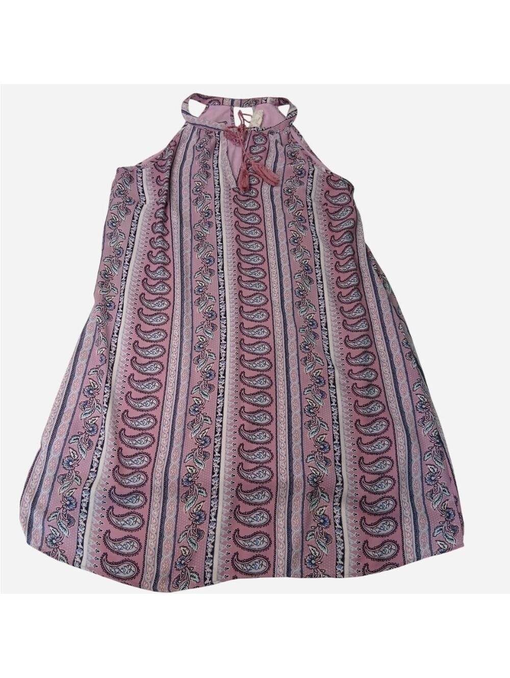 Pink Rose Boho Paisley Halter Dress Pink Floral Striped Tassel Size M